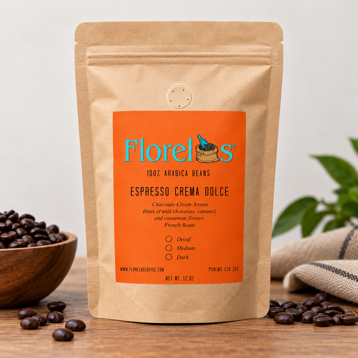 Florelas Coffee Crema Dolce Decaf – Single Origin Brazil, Medium-Dark Roast, 12oz