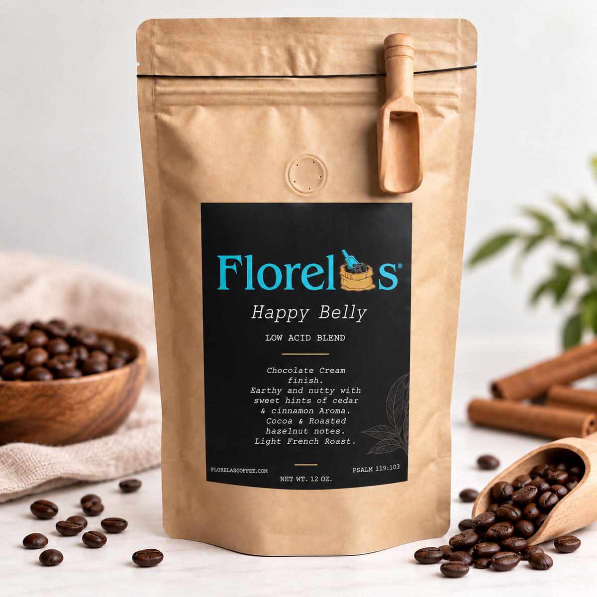 Florelas Coffee Happy Belly Light French Roast – Low Acidity, Whole Bean or Ground, 12oz